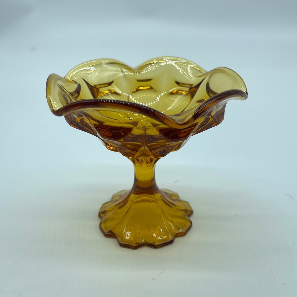 Amber Glass Candy Dish Pedestal Bowl Scalloped Edge Vintage Decor‎ 5"